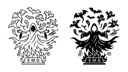 Halloween Sorcerer Surrounded by Spirits: A mystical sorcerer figure, cloaked and hooded, stands at the center of a dark ritual, surrounded by an entourage of spooky ghosts and flying bats. © Hasib