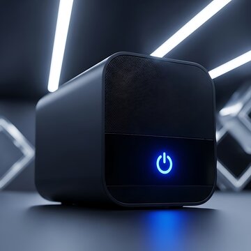 Compact Black Mini PC or Server with Glowing Blue Power Button in Dark Sci-Fi Room Setting