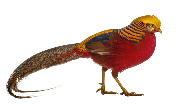 Golden Pheasant male bird with vibrant red body and yellow crest