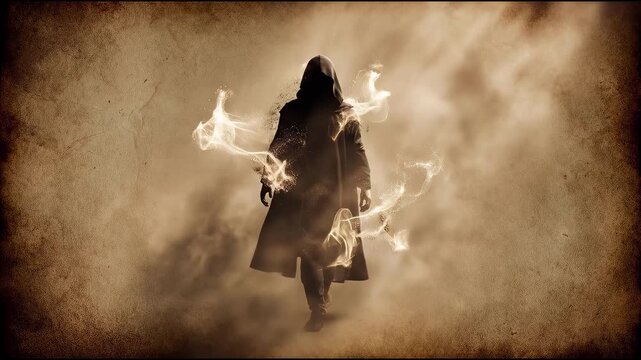 Mysterious Hooded Figure Walking Through Mystical Smoke Cinematic Animation