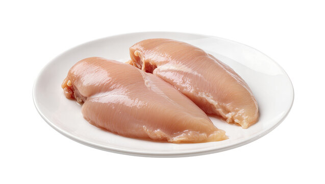 Two raw chicken breasts on a white plate