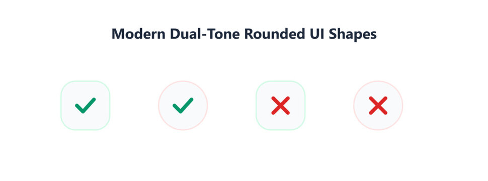 Modern dual-tone rounded UI shapes, checkmark and cross icons in circle and square buttons, green and red interface elements for web design