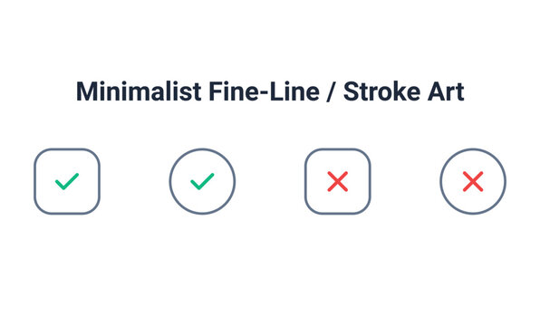 Minimalist Fine-Line Stroke Art Checkmark and Cross Icons, Green Tick and Red X Symbols in Square and Circle Frames, UI Design Elements Vector