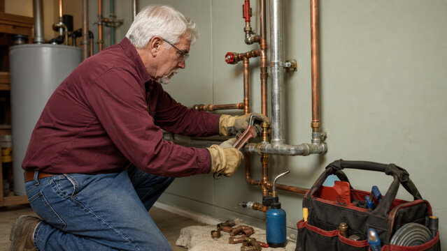 Senior plumber repairing copper pipes in utility room. Pipe wrench tool bag and fittings for home plumbing maintenance.