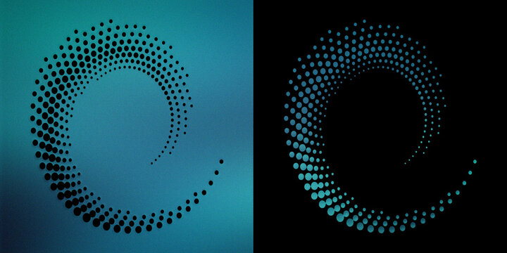 Spiral vortex pattern created from decreasing size circular dots on vibrant blue gradient backgrounds split view design layout.