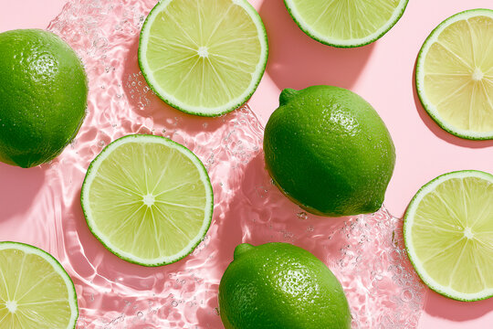 Fresh Limes Floating in Crystal Clear Water on Pastel Pink Background with Sunlight Ripples