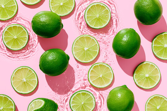 Fresh Limes Floating in Crystal Clear Water on Pastel Pink Background with Sunlight Ripples
