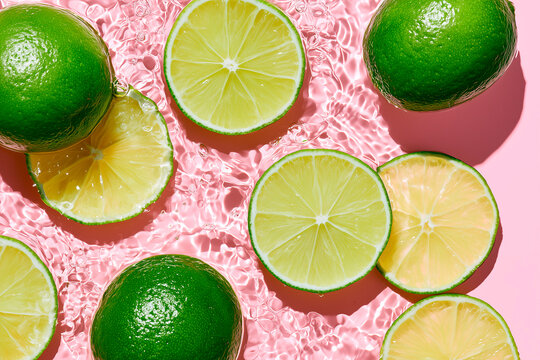Fresh Limes Floating in Crystal Clear Water on Pastel Pink Background with Sunlight Ripples