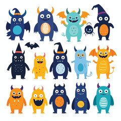 Fototapeta premium A group of colorful cartoon monsters with various features are gathered together in a whimsical scene with bats flying around them.