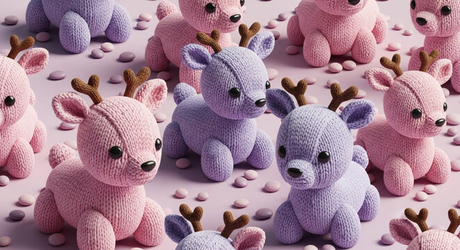 Colorful crochet animal toys arranged in a pattern on a surface.