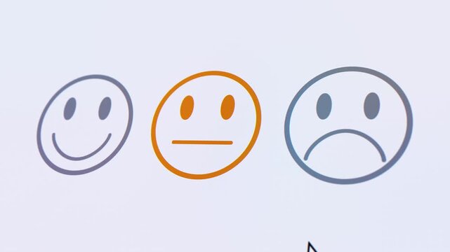 Video animation of a fictional website showing a mouse pointer clicking on a neutral button (neutral feedback) in a feedback survey. Business concept for online ratings.