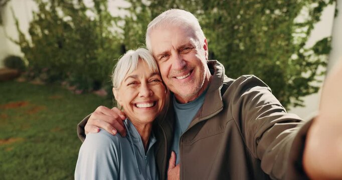 Senior couple, face and selfie in backyard, fitness and picture with partner or post on social media. Retirement, home and happy people with sportswear at house, photography and memory on website