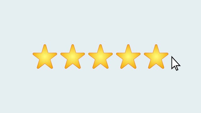 Video animation of a fictional website showing a mouse cursor clicking on a 1- to 5-star rating. Business concept for online star ratings.