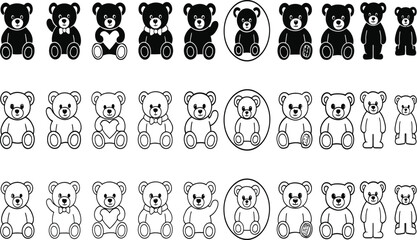 Fototapeta premium Teddy Bear Icon Set: Teddy bears arranged in repeating rows show different poses and styles in a black and white monochromatic vector illustration. teddy, bear, toy, plush, animal, child, doll,