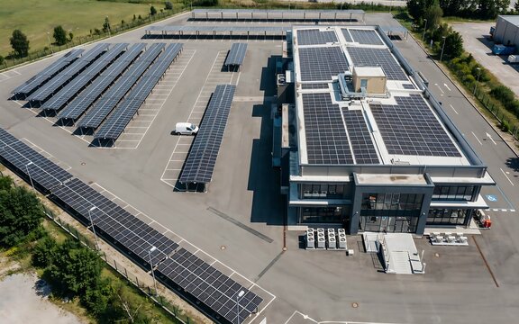Aerial view of a large car dealership with rows of new cars in parking lot and solar panels on roof