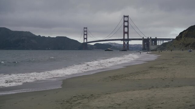 Golden Gate Bridge Sandy Beach Foreground With Seagull - Wide Shot