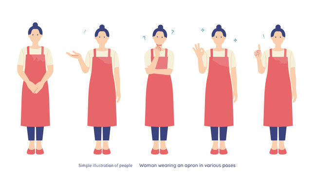 Set of simple illustrations showing a woman in a red apron in various poses, including thinking, giving an OK sign, and explaining.