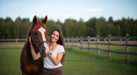 Woman with Horse in Field Equestrian Lifestyle Portrait Outdoors Nature
