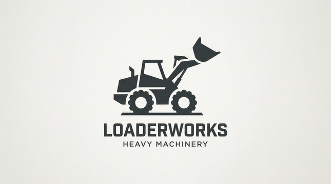 Minimalist black logo for heavy machinery loader works company on white plain background.