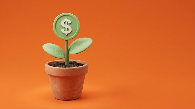 Financial growth concept with money plant in clay pot, green dollar coin sprout on orange background, investment and savings metaphor