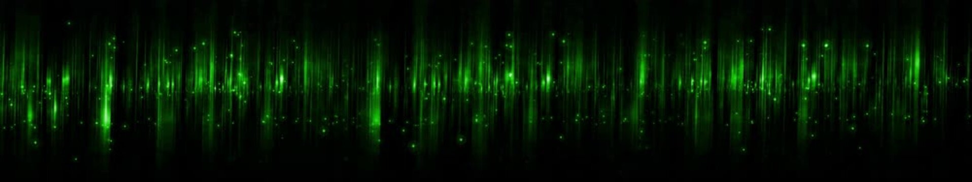 Green digital light wave with vertical neon trails and glowing particles on dark background, panoramic widescreen, seamlessly looped video
