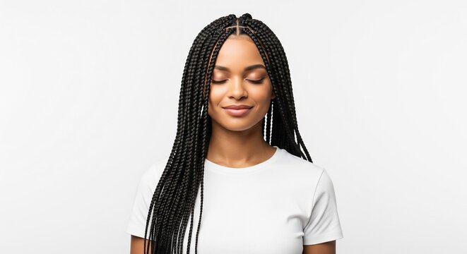 Woman with long box braids wearing a white t-shirt eyes closed peaceful expression studio shot
