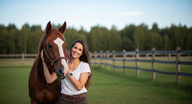Woman with Horse in Field Equestrian Lifestyle Portrait Outdoors Nature