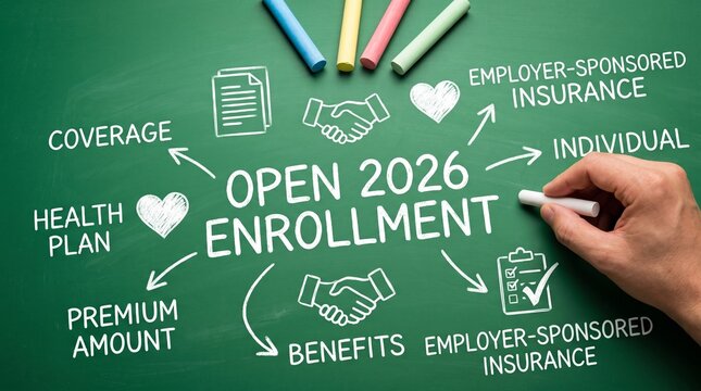 Open Enrollment 2026 health insurance concept on chalkboard, medical benefits and coverage plan diagram, employer-sponsored insurance flowchart