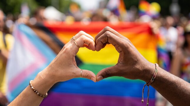 LGBTQ pride heart gesture with diverse hands, rainbow flag background at parade, inclusive love and community support concept for social justice
