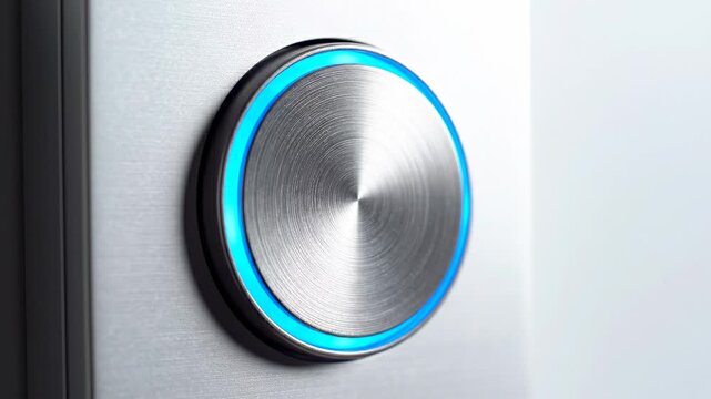 Close-up of a finger pressing a metallic doorbell button on a white wall, highlighting details and textures of the button