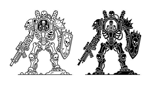 Skeleton Warrior Mech Battle Ready: Two intricately detailed skeleton warrior mechs stand poised for combat, one in a line art style and the other as a dark silhouette.