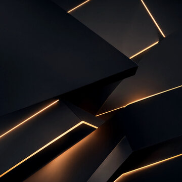  Matte Black Geometric Panels with Glowing Gold Lines