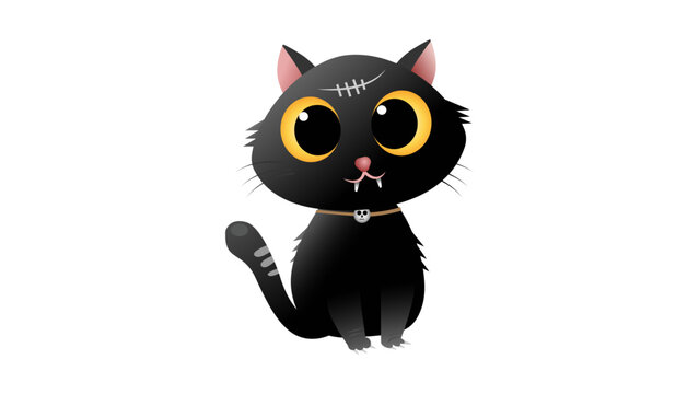 Cute spooky black cat monster with scar and big eyes halloween character