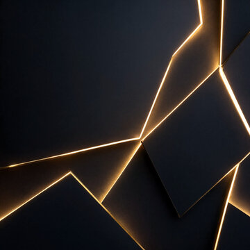  Matte Black Geometric Panels with Glowing Gold Lines