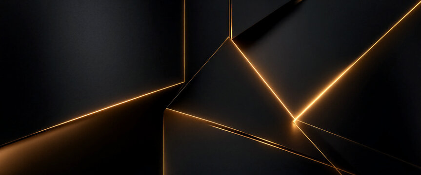  Matte Black Geometric Panels with Glowing Gold Lines