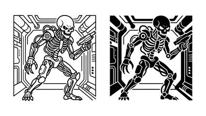 Cybernetic Skeleton Warrior: A formidable cybernetic skeleton warrior stands poised, wielding a futuristic weapon within a sleek, metallic corridor. © Ajhar234