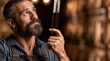 Obraz premium Winemaker holding a wine thief sampling tube in a barrel room while thinking. Concept of quiz, consultation and trivia about winemaking.