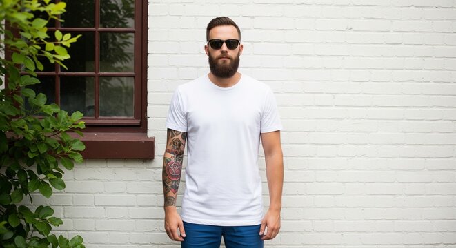 Young man with beard and tattoos wearing white t-shirt and sunglasses standing against brick wall