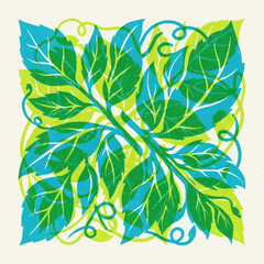 Fototapeta premium Abstract Decorative Floral Pattern with Overlapping Blue and Green Leaves and Curly Vine Tendrils