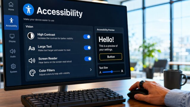 A user interacts with an accessibility settings menu on a computer screen, emphasizing features like high contrast and large text for improved visibility.