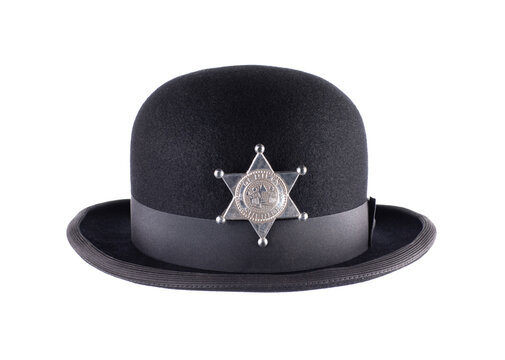 Vintage black bowler hat sheriff headdress isolated on white background