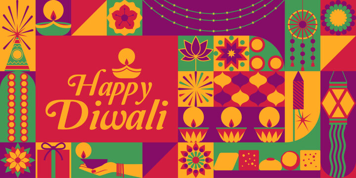 Happy Diwali festival of lights celebration banner with Holiday icons