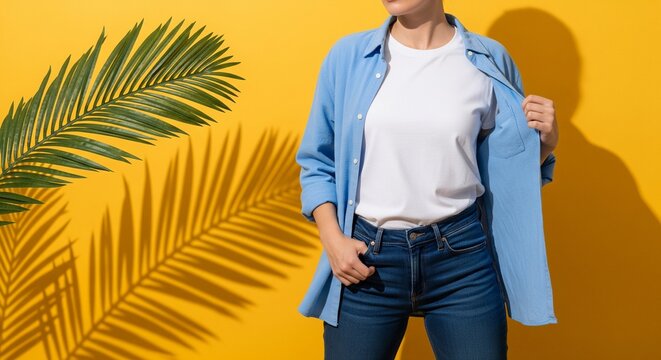 Young woman wearing a white t-shirt and blue jeans unbuttoning a light blue shirt against a yellow background