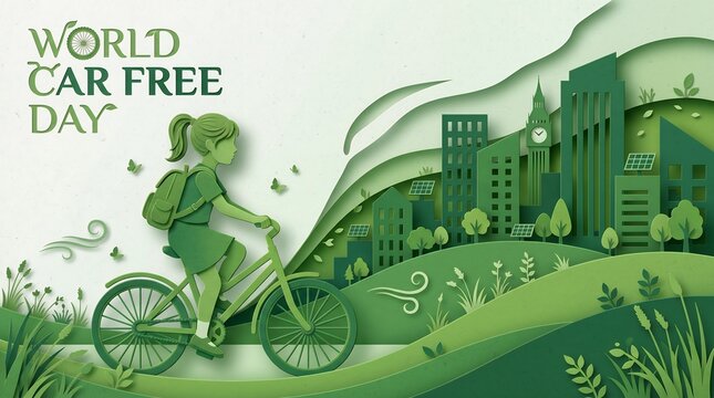 Papercut Style Illustration Celebrating World Car Free Day with a Girl Cycling Through a Green City Landscape