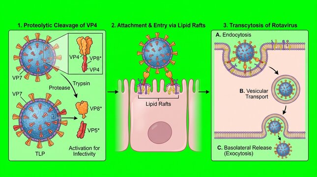 Scientific Diagram Illustrating the Proteolytic Cleavage and Cellular Entry Mechanism of Rotavirus Particles