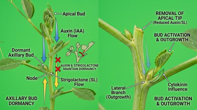 Scientific diagram showing axillary bud dormancy and lateral branch outgrowth in plants
