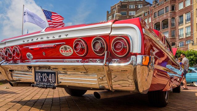 Lelystad, Netherlands - June 21, 2026: close up of the back of a restored classic Chevrolet Impala SS at The National Oldtimer Day 2026 in Lelystad, The Netherlands