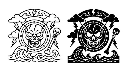 Skull and Lightning Motif: A striking illustration featuring a menacing skull at the center, framed by a circular emblem, set against a backdrop of stormy clouds, lightning bolts, and crashing waves. © Ajhar234