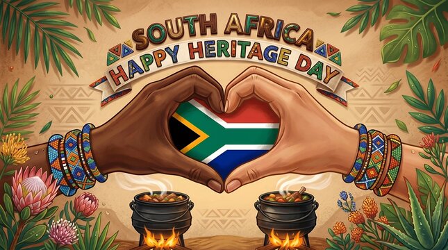 Diverse South African Hands Forming Heart Symbol with National Flag Celebrating Heritage Day