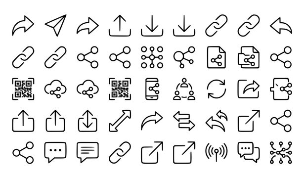 Share and Link Icon Set with Download, Upload, Hyperlink, QR Code, Cloud Sharing, External Window, and Network Communication Outline Symbols for Interface Design